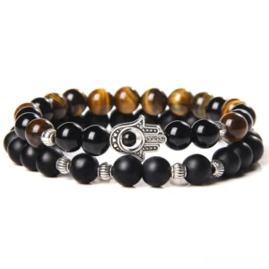 Black onyx and tiger's eye stone gothic bracelet with silver-toned Hamsa charm - Style 3 protective jewelry