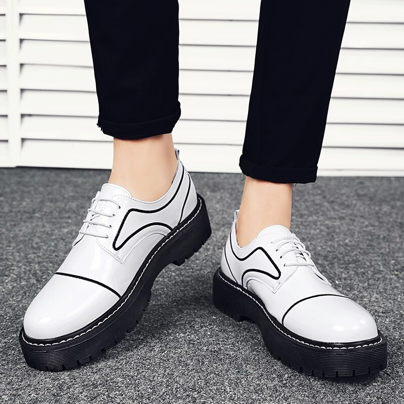 Black patent leather oxford platform shoes men's footwear detailed view thick lug sole design