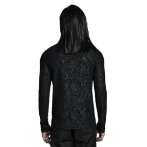 Rear view of black paisley gothic mock neck long sleeve top showing full jacquard pattern on male model