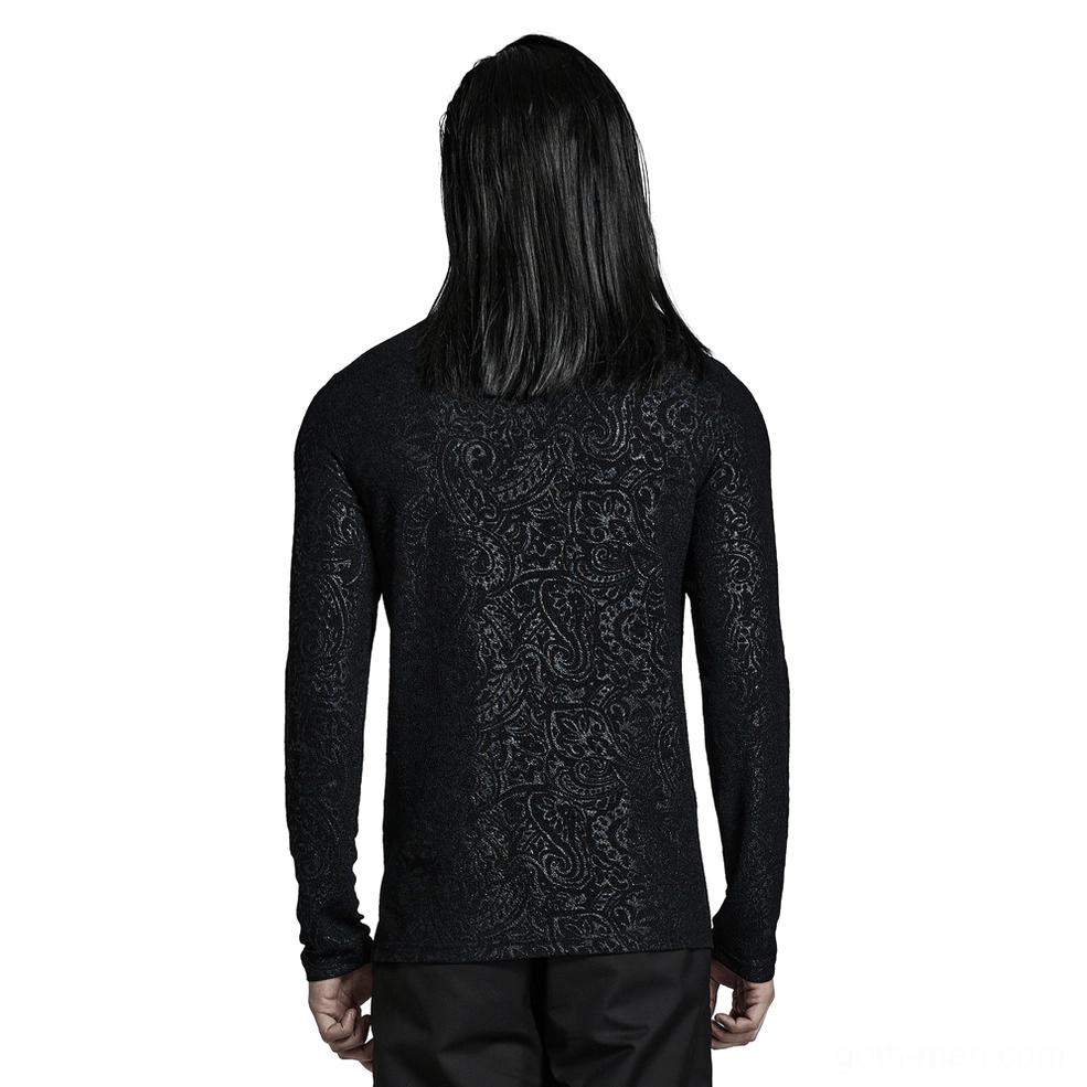 Rear view of black paisley gothic mock neck long sleeve top showing full jacquard pattern on male model