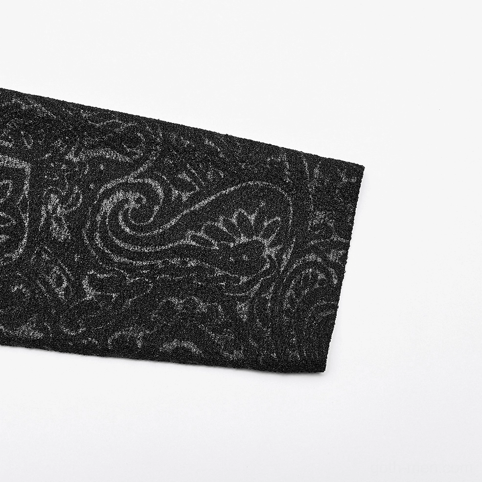 Fabric swatch close-up showing black paisley print and stretch jersey material texture of gothic top
