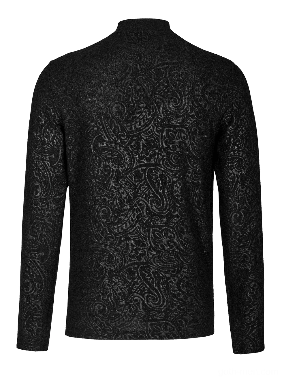 Rear flat lay view of black paisley jacquard gothic mock neck top on white background