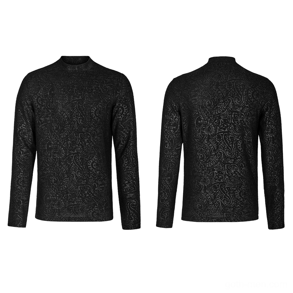 Flat lay front and back view of black paisley jacquard gothic mock neck slim top on white background
