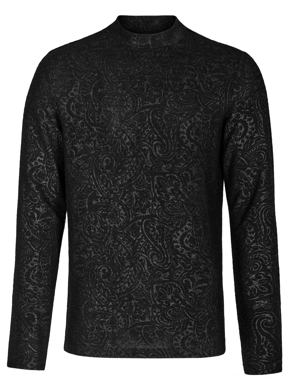Front flat lay view of black paisley gothic top with straight hem and fitted silhouette