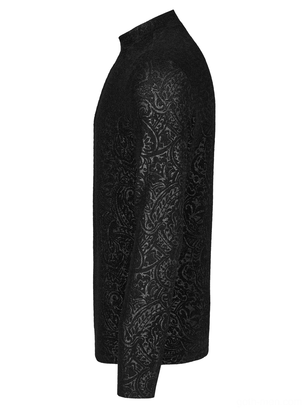 Side profile flat lay of black paisley stretch jersey gothic top showing slim cut and long sleeves