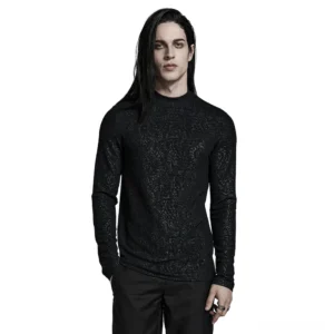 Black paisley jacquard mock neck gothic slim top front view on male model with long dark hair