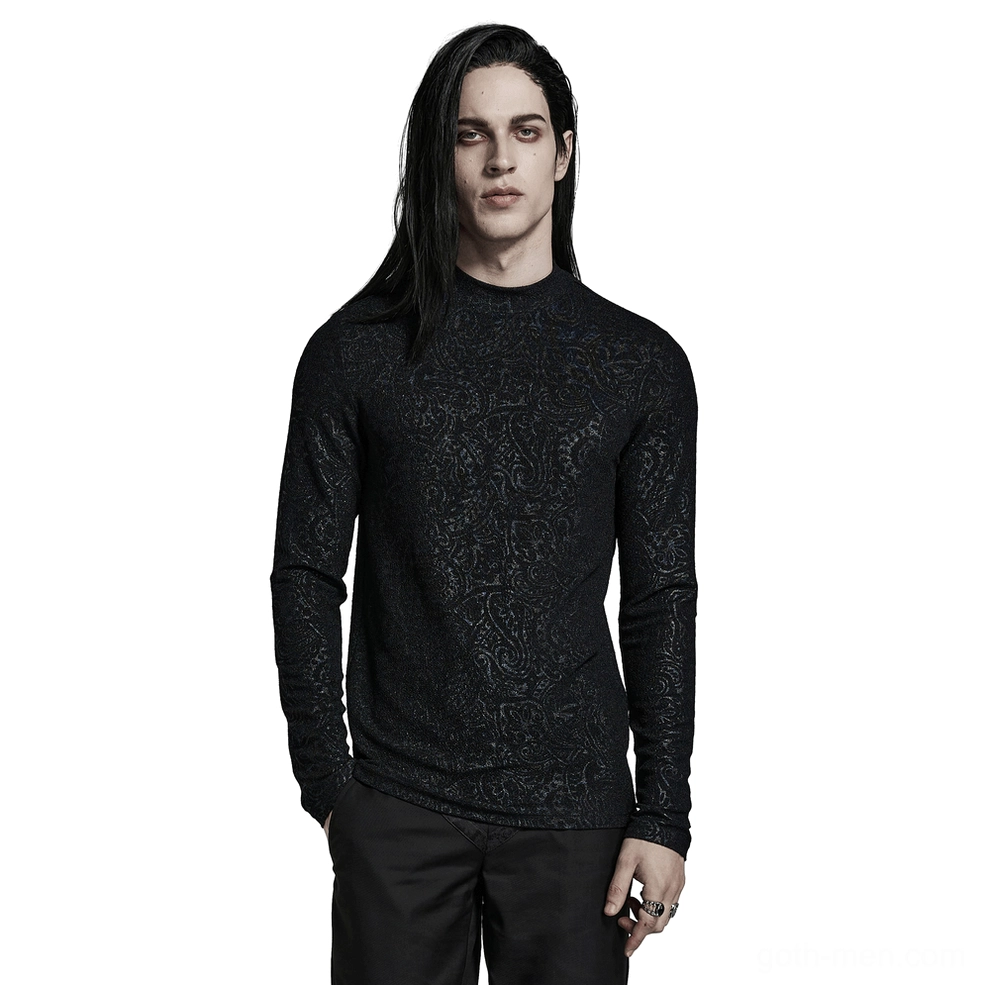 Black paisley jacquard mock neck gothic slim top front view on male model with long dark hair
