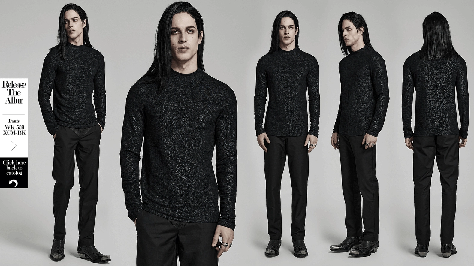 Complete view of black paisley jacquard gothic mock neck long sleeve slim top product shot