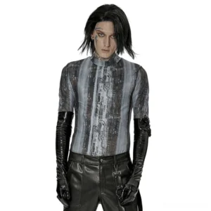 Black patent leather long gloves with metal wrist chains on male goth model, front view demonstrating slim-fit and high-gloss finish