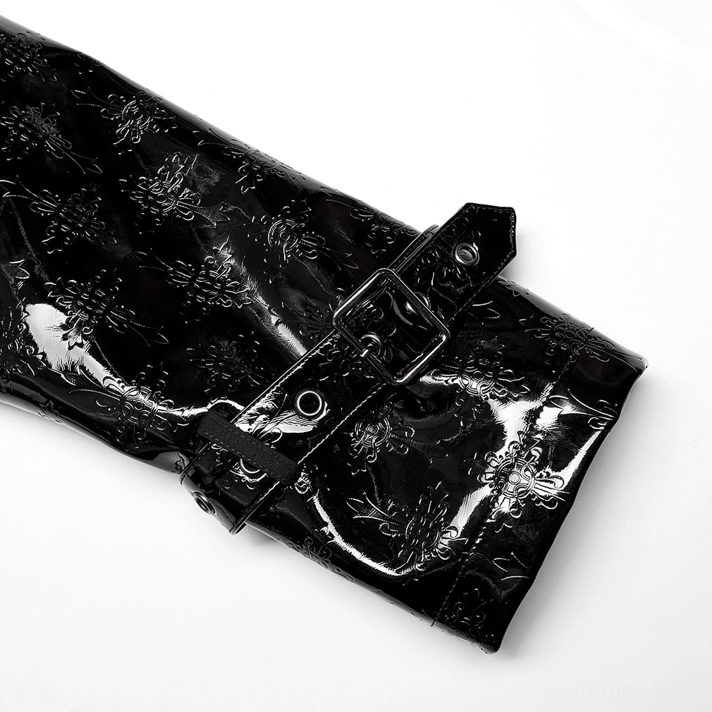 Black patent leather gothic trench coat showcasing embossed cross iconography and architectural silhouette