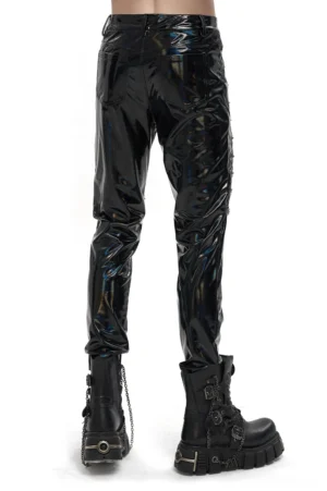 Black iridescent patent leather gothic pants rear view - punk trousers with chain embellishments paired with chunky boots
