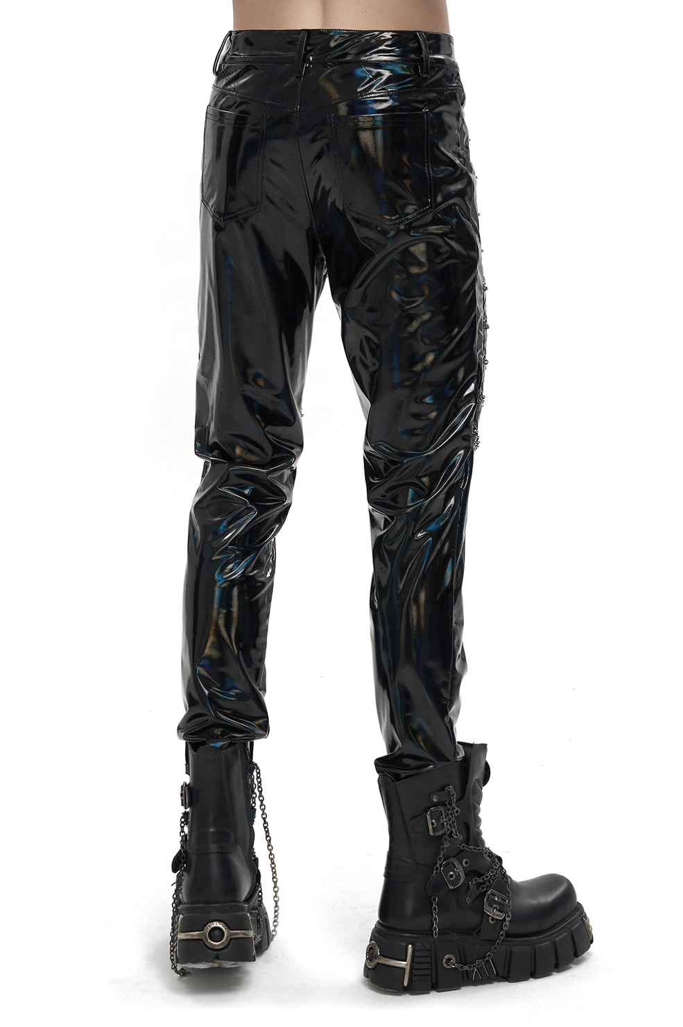 Black iridescent patent leather gothic pants rear view - punk trousers with chain embellishments paired with chunky boots