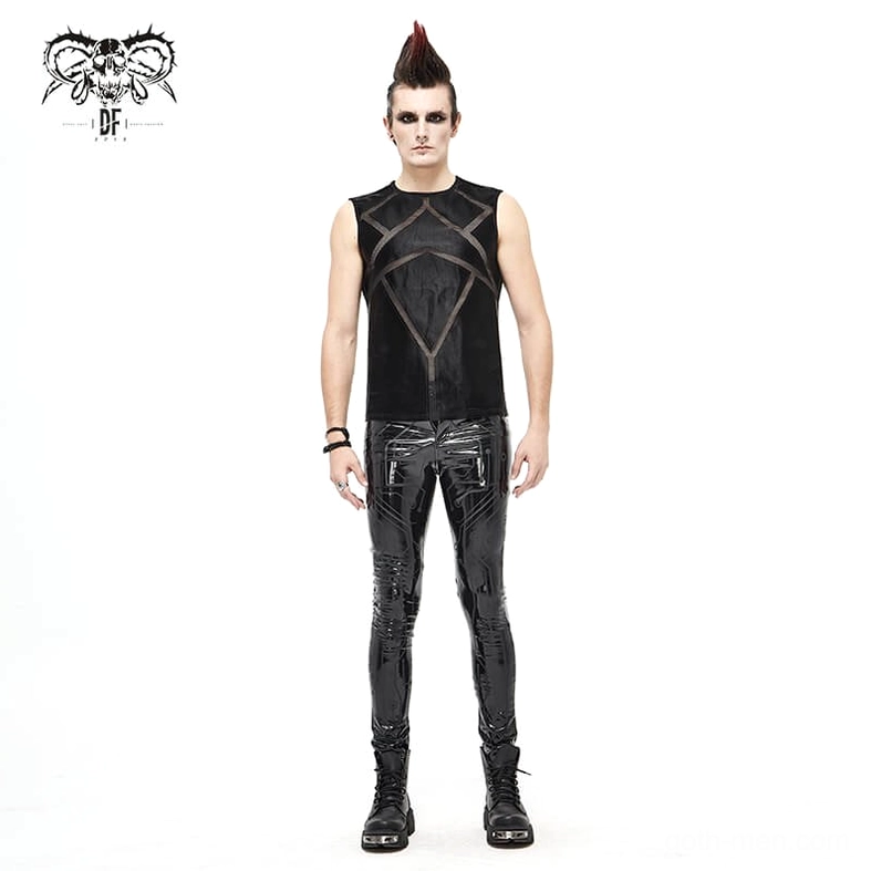 Black synthetic leather pants front waist area with belt loops and jean-style pocket design