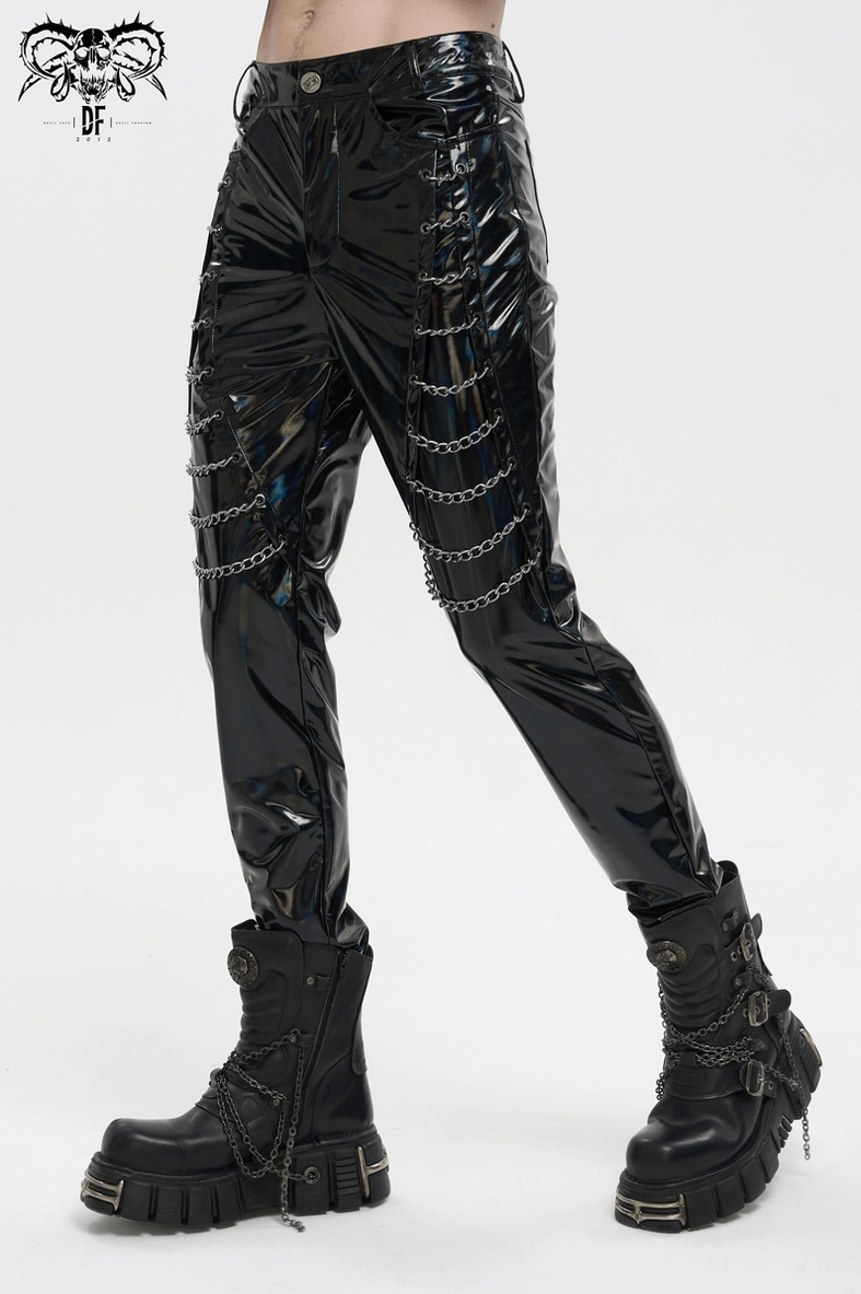 Black iridescent patent leather gothic pants texture shot - close-up of holographic leather finish