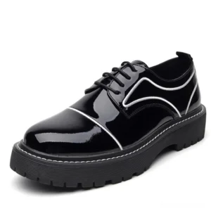 Men's obsidian black patent leather Oxford platform shoes with white-trimmed lug sole, three-quarter front view