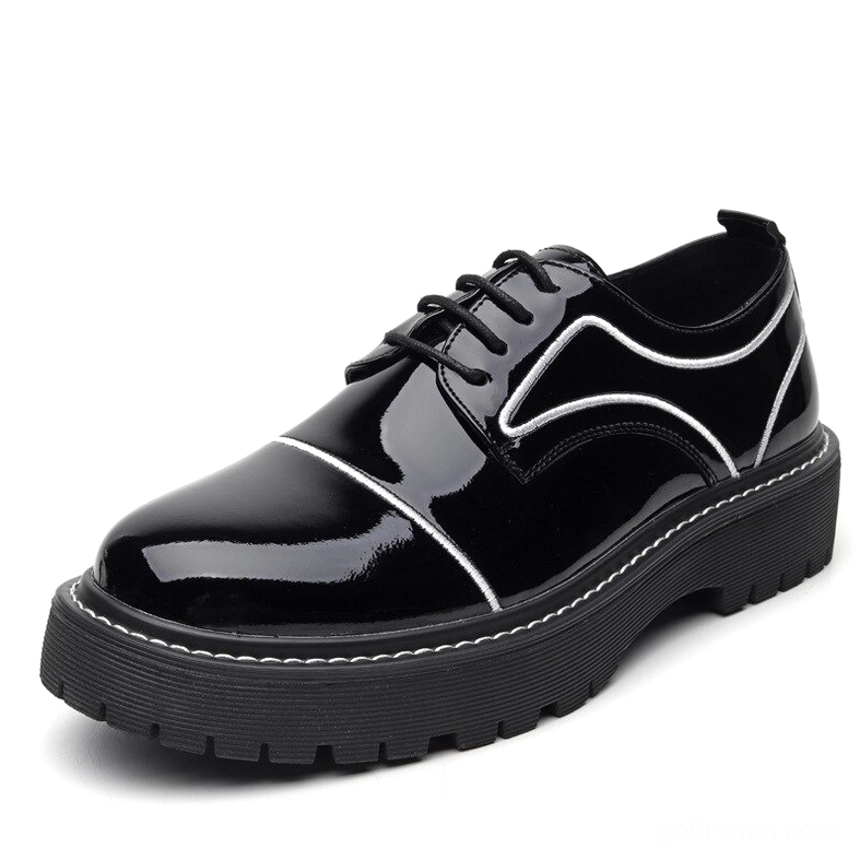 Men's obsidian black patent leather Oxford platform shoes with white-trimmed lug sole, three-quarter front view