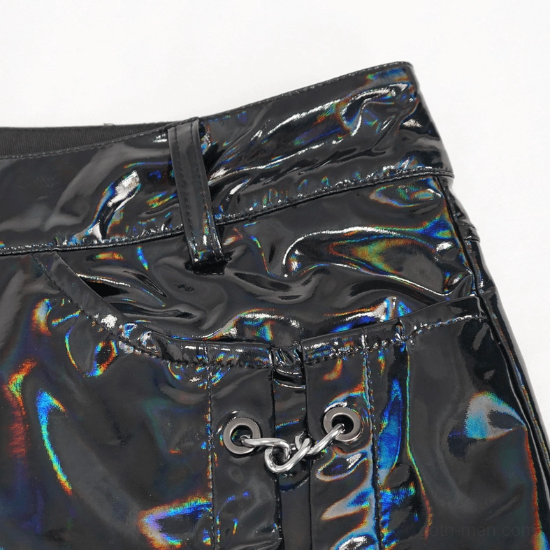 Black patent leather gothic chain pants additional detail shot - slim fit punk trousers construction