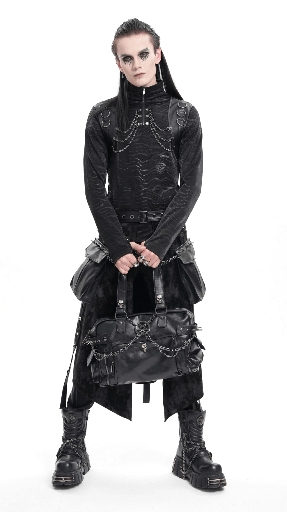 Black pentagram chain spike gothic leather tote bag full product view featuring all design elements and hardware details