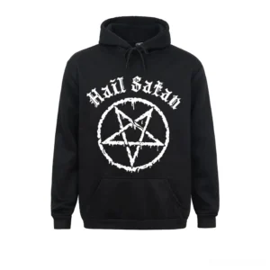 Black pentagram gothic hoodie with white Hail Satan chest print and inverted pentagram symbol, front flat lay view