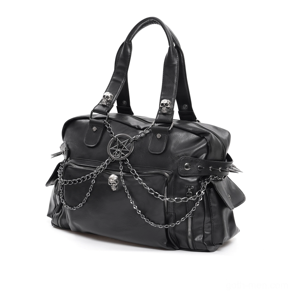 Black gothic tote bag flat lay front view featuring pentagram chain, skull decorations, spike studs, and multiple pockets
