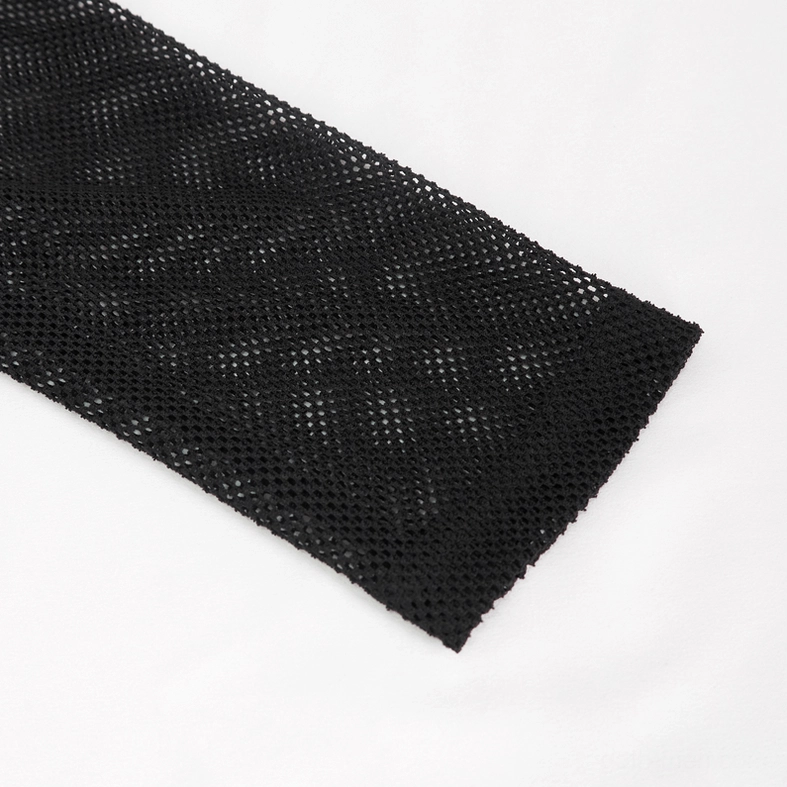 Close-up detail of black perforated mesh fabric texture on sheer gothic long sleeve top