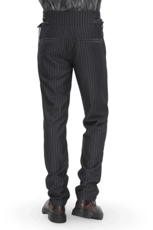 Back view of black pinstriped slim-fit gothic trousers showing back patch pockets and tailored silhouette