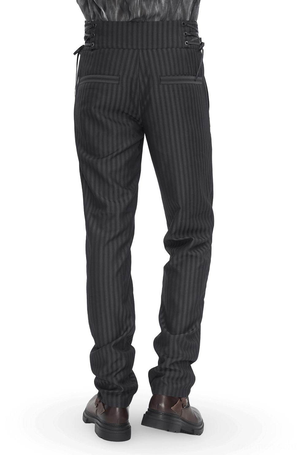 Back view of black pinstriped slim-fit gothic trousers showing back patch pockets and tailored silhouette