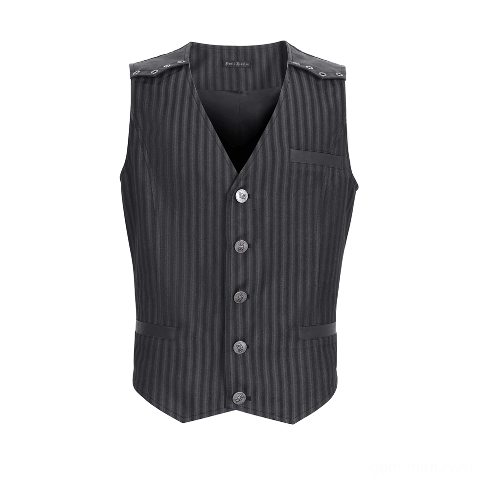 Black pinstriped men's gothic waistcoat flat lay front view v-neck button closure