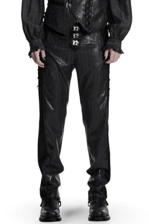 Black pinstriped cracked leather gothic pants front view on male model with metal clasp fasteners and side lace-up panels