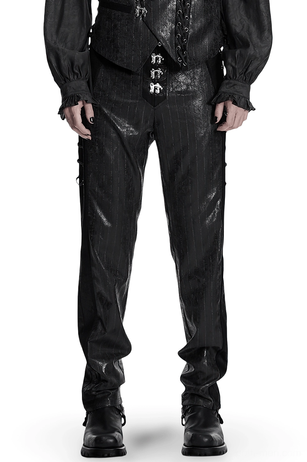 Black pinstriped cracked leather gothic pants front view on male model with metal clasp fasteners and side lace-up panels
