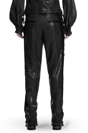 Black pinstriped gothic leather pants rear view showing fitted cut and back zipper closure on male model