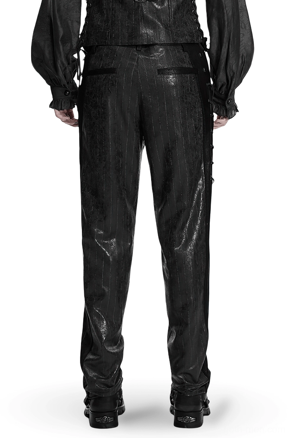 Black pinstriped gothic leather pants rear view showing fitted cut and back zipper closure on male model