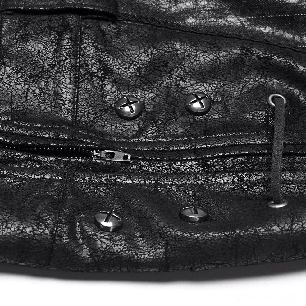 Black pinstriped cracked leather pants side construction detail showing fitted silhouette and lace-up panels