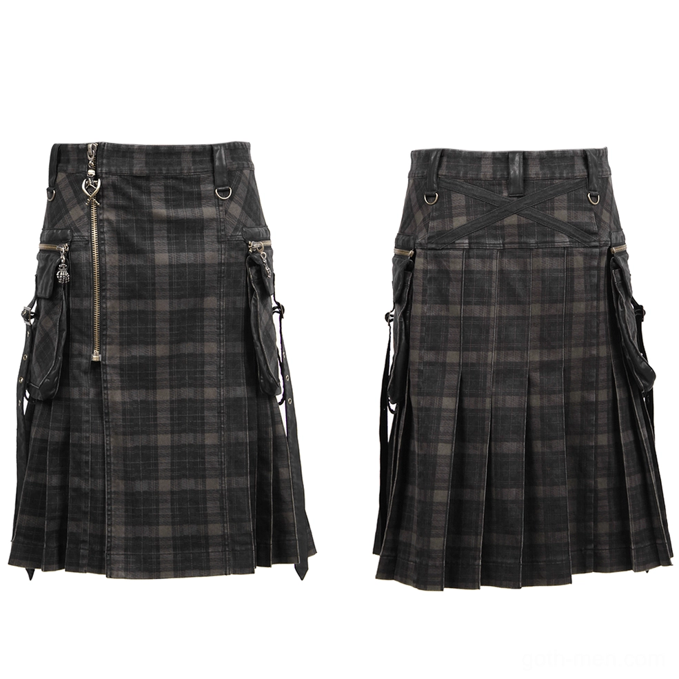 Black plaid utility kilt flat lay front view showing full silhouette and zipper closure