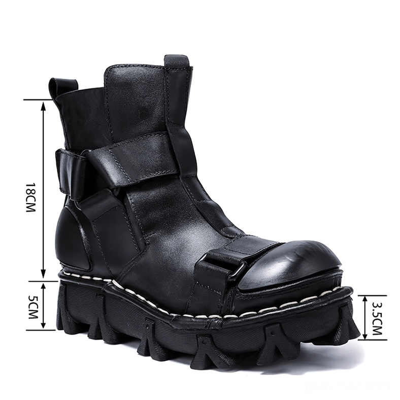 Black leather gothic platform boots with buckle straps, contrast stitched outsole, and thick platform heel - side profile with sizing markers