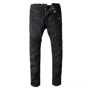 Black pleated biker jeans front view - gothic moto denim pants with zippered pockets