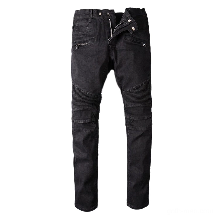 Black pleated biker jeans front view - gothic moto denim pants with zippered pockets