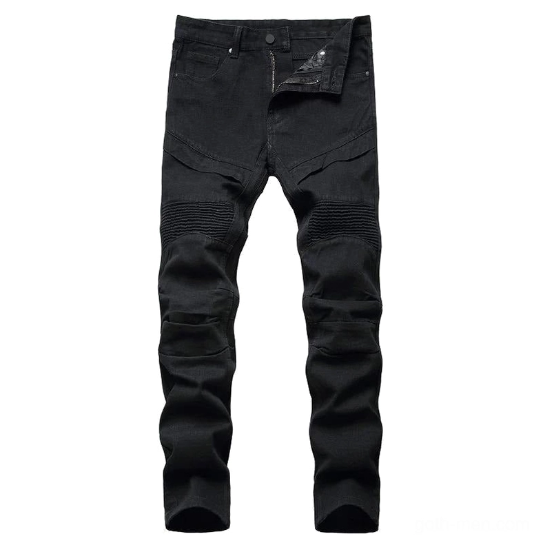 Black gothic pleated biker jeans front flat lay view with structured knee panels and slim straight fit