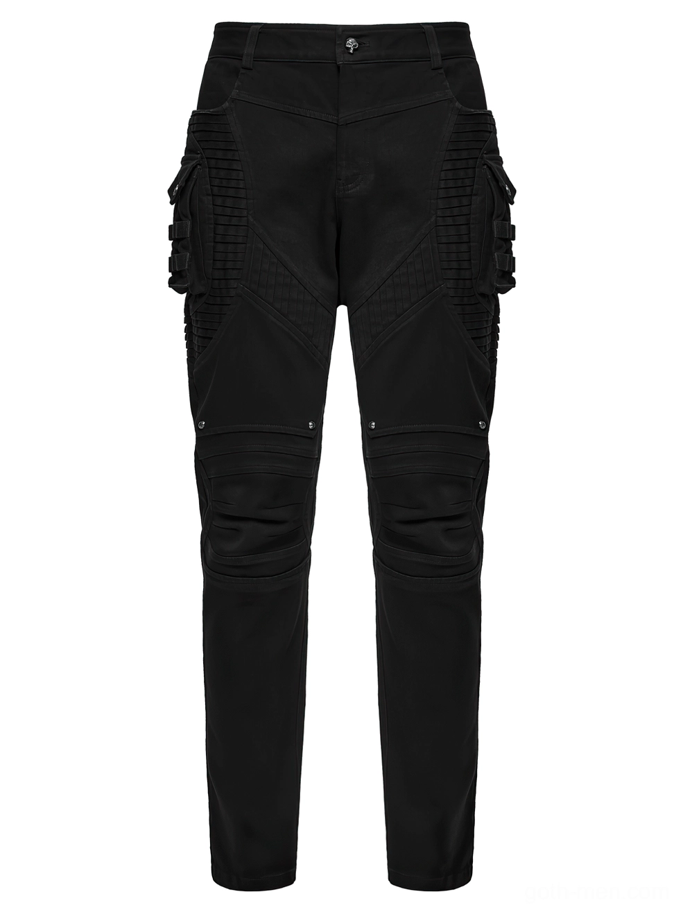 Black pleated techwear pants front flat lay showing button fly and tactical multi-pockets
