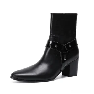 Single black leather gothic ankle boot with pointed toe and side zipper, three-quarter profile showcasing heel and strap design