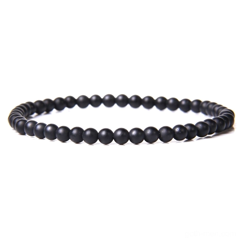 Single strand black polished stone bead bracelet - smooth round beads gothic minimalist design