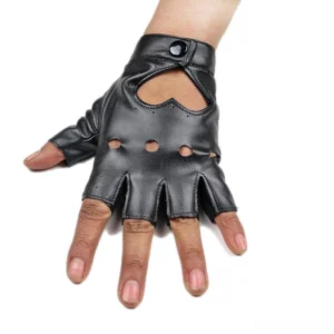 Black PU leather fingerless mittens with perforated holes and heart design worn on single hand