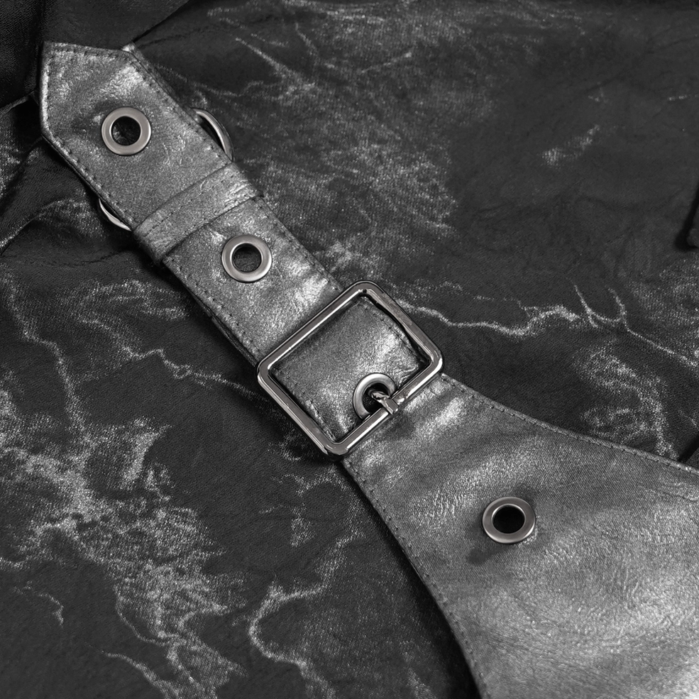 Additional detail shot of asymmetrical PU leather harness on black gothic button-up shirt