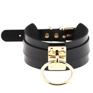 Black PU leather bondage choker with double-layered design and gold O-ring detail, flat lay front view