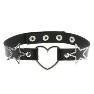 Black leather choker necklace flat lay featuring hollow heart center pendant, flanking silver stars, and adjustable snap fasteners for gothic accessories