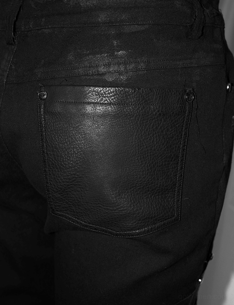 Alternative angle of black studded gothic cargo pants emphasizing slim fit and stud placement