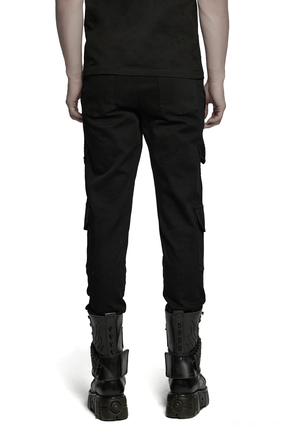 Black punk cargo pants rear view tapered leg cyberpunk design