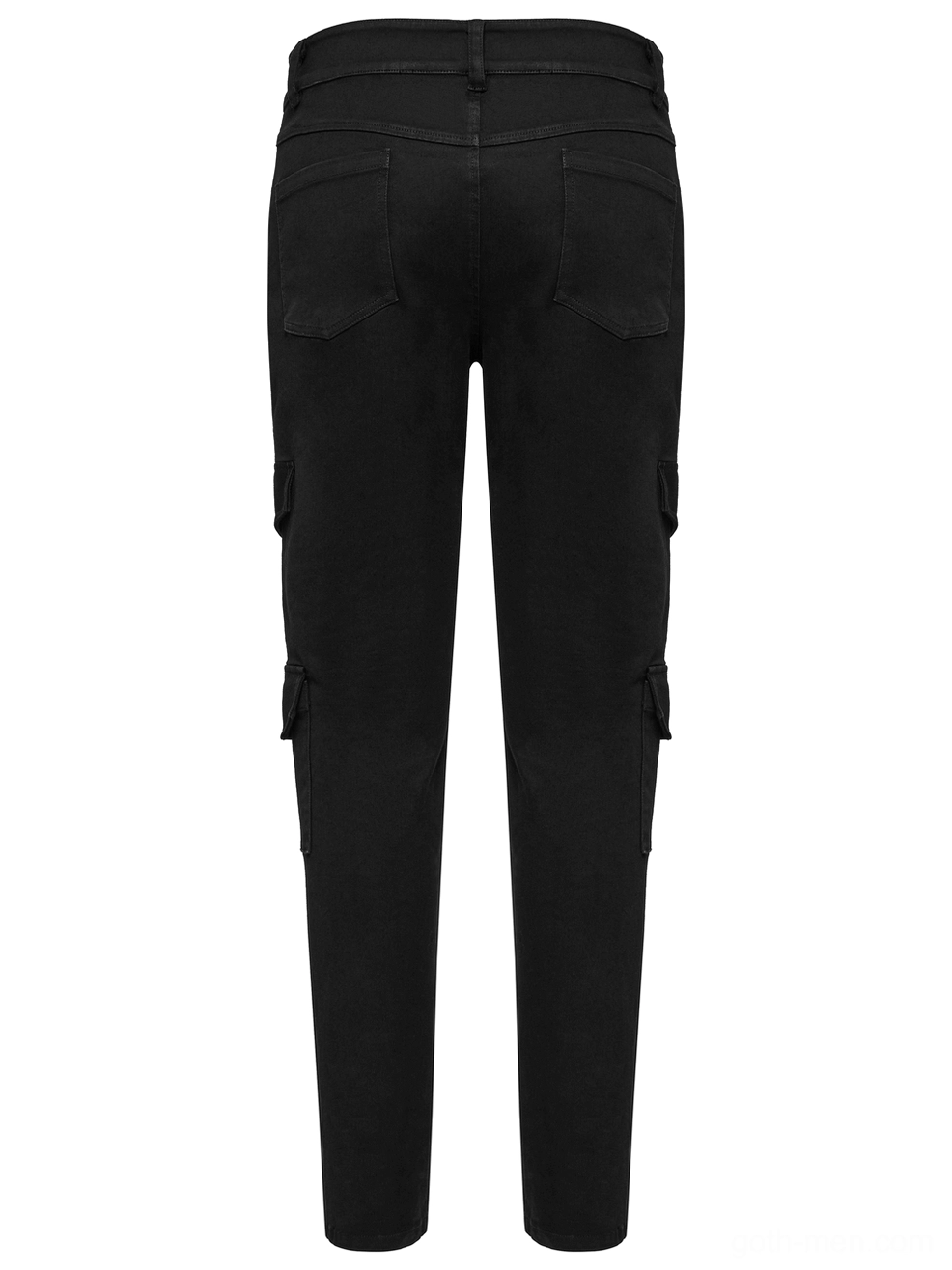 Black slim cargo pants rear flat lay back pockets side cargo design