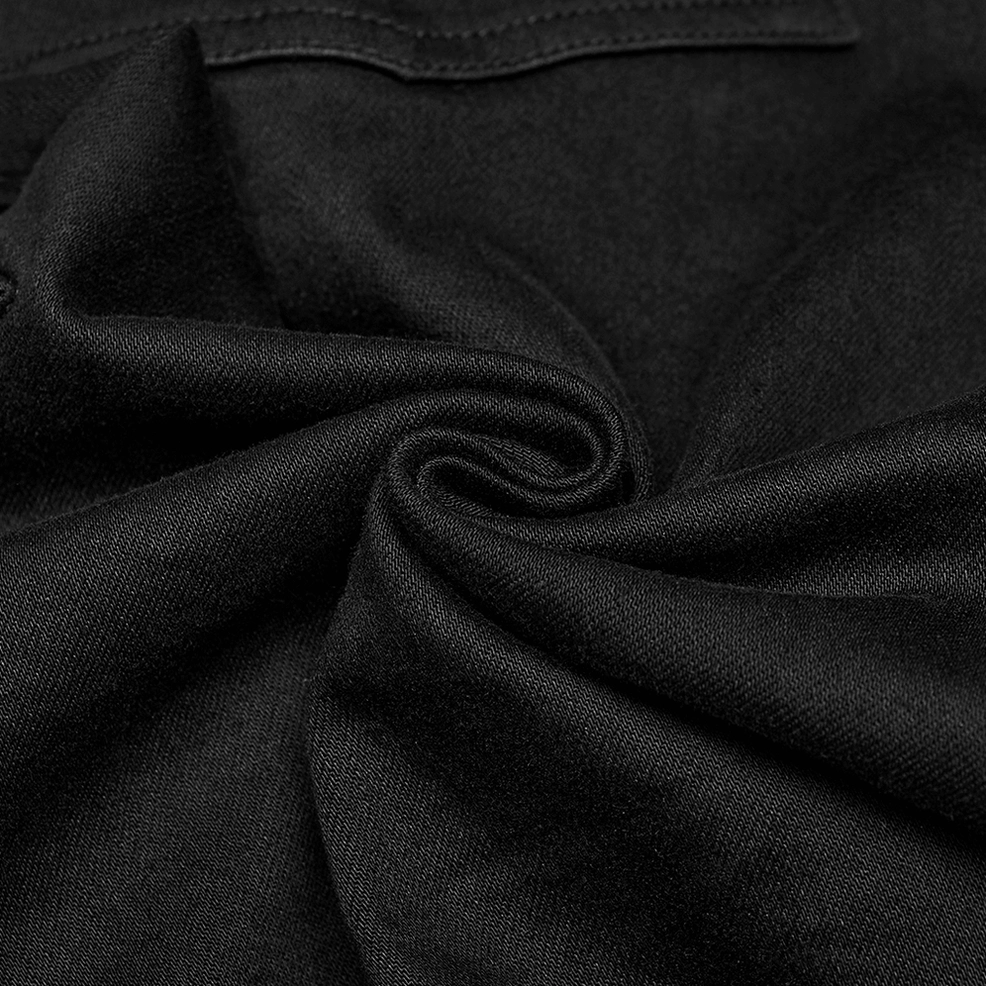 Black cargo pants side profile tapered leg cyberpunk geometric segmentation