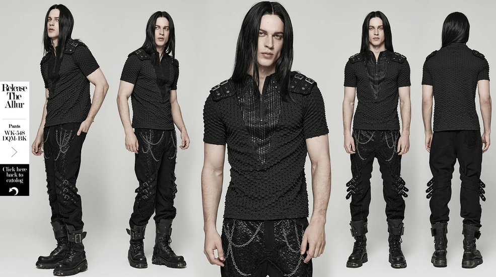 Black gothic punk tactical short-sleeve tee front view, mesh and knit hybrid construction with quarter-zip